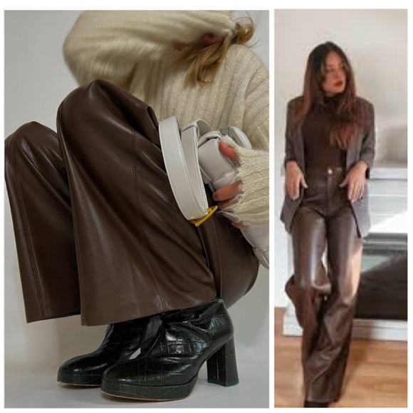 Faux Leather Wide Leg Pants Brown Maroon Pretty Little Thing Size 12